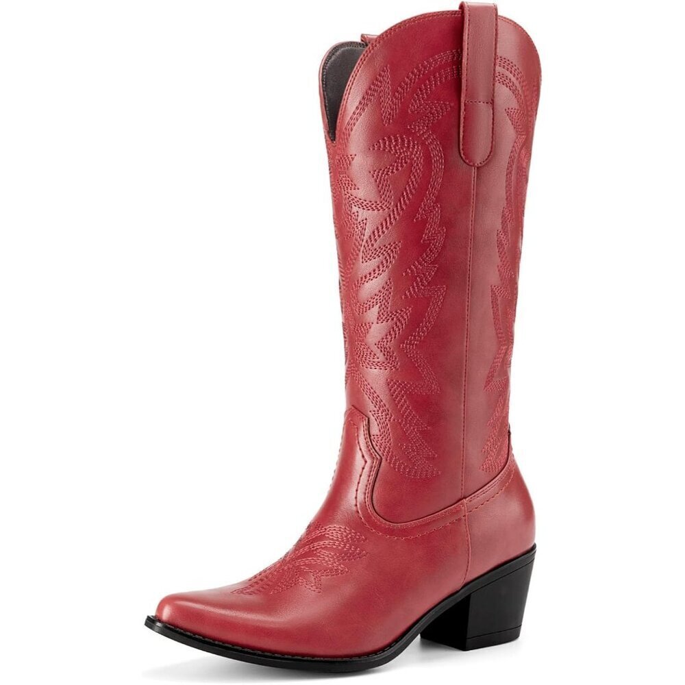 Women Red Western Mid Calf Boots Snip Toe Embroid Low Chunky Heel Fashion